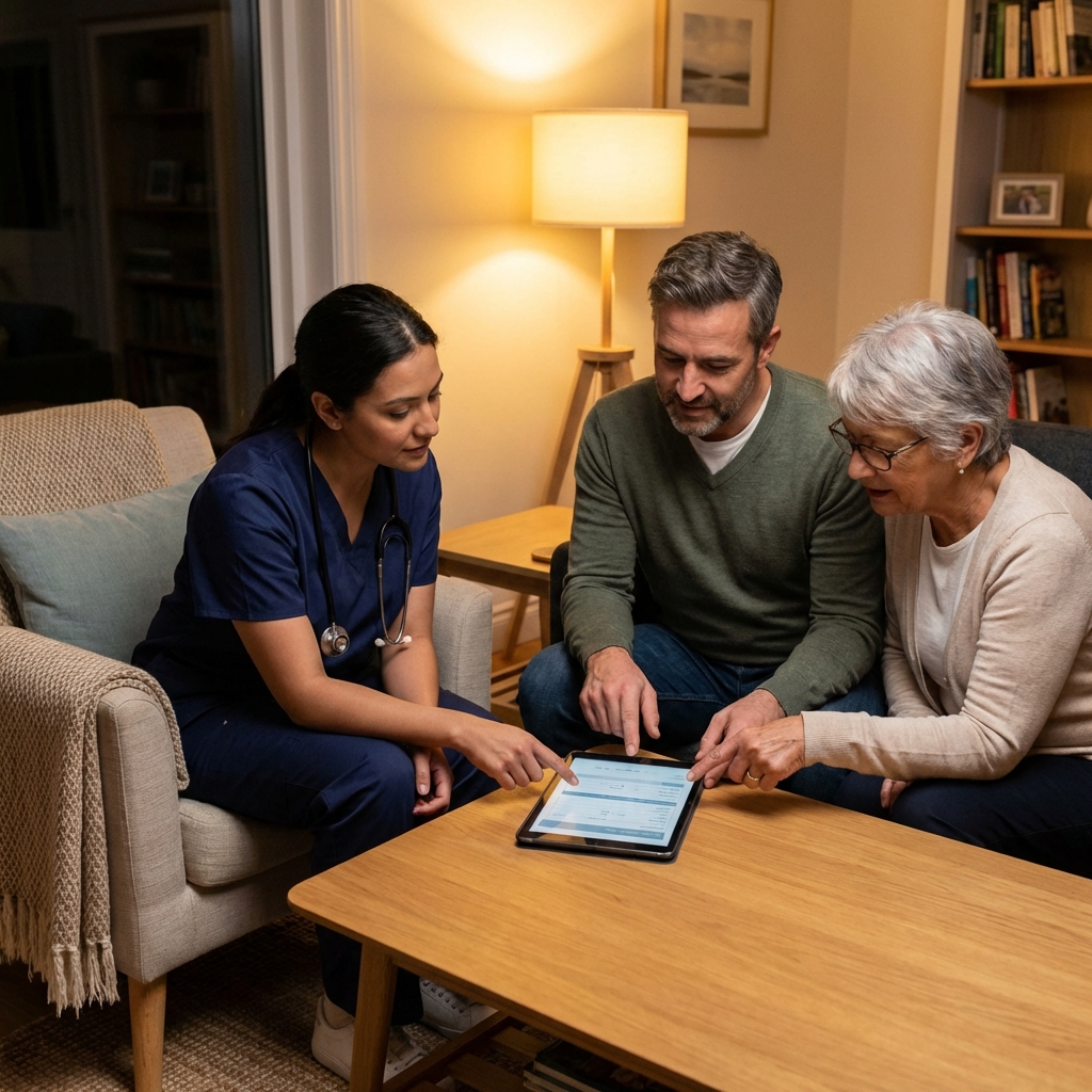 A nurse and a family reviewing a tablet form together in a home environment